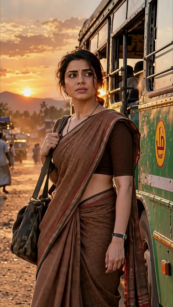 Samriddhi Singh Indian Woman In Brown Saree Sunset Bus Stop