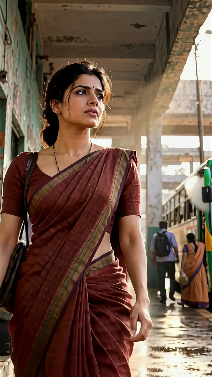 Samantha Akkineni Elegant Brown Saree At Railway Station