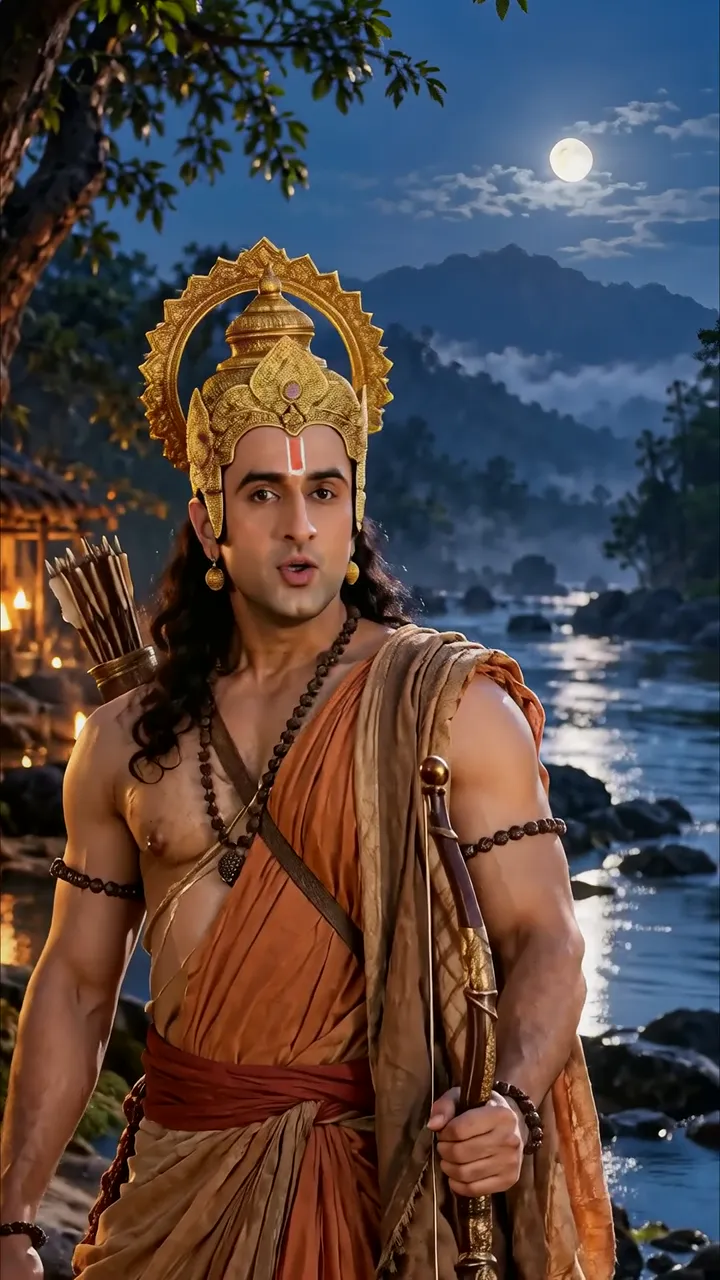 Shiva With Bow And Arrow Moonlit River Scene