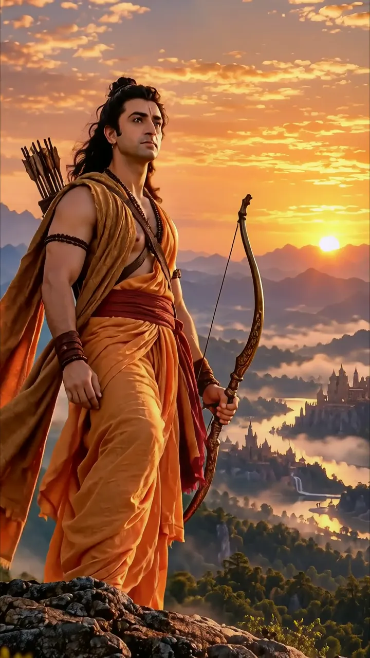 Rama Standing On Mountain With Bow And Arrow At Sunset