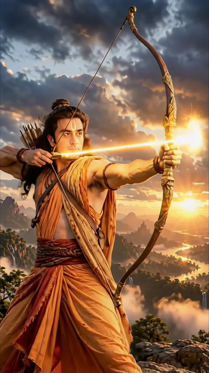 Shiva Archery Pose With Golden Bow And Sunset Mountain Scene