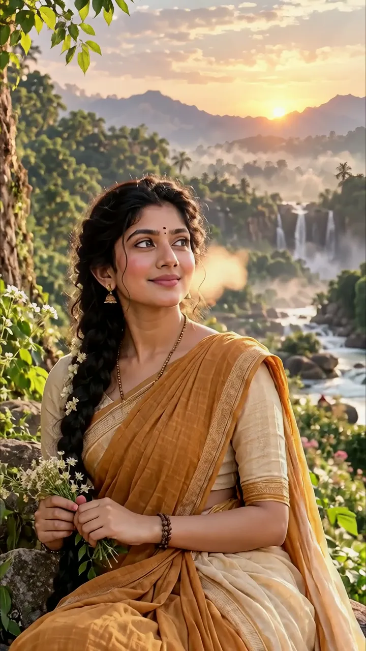 Serene Indian Woman In Saree With Waterfall And Sunset
