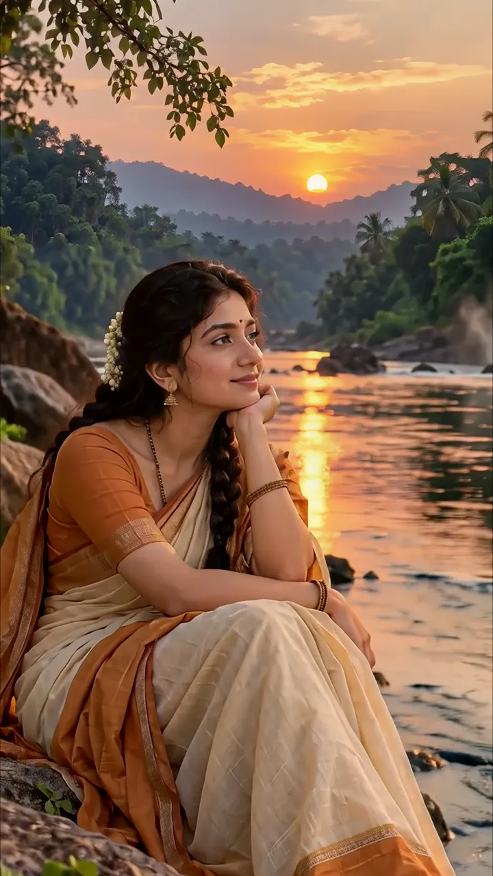 Serene Indian Woman In Traditional Saree By River At Sunset