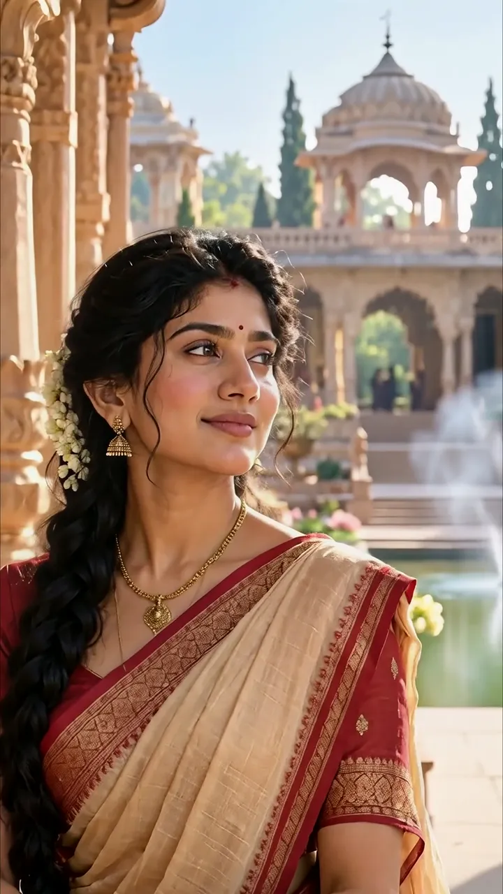 Elegant Indian Woman In Red Saree At Ornate Temple Courtyard