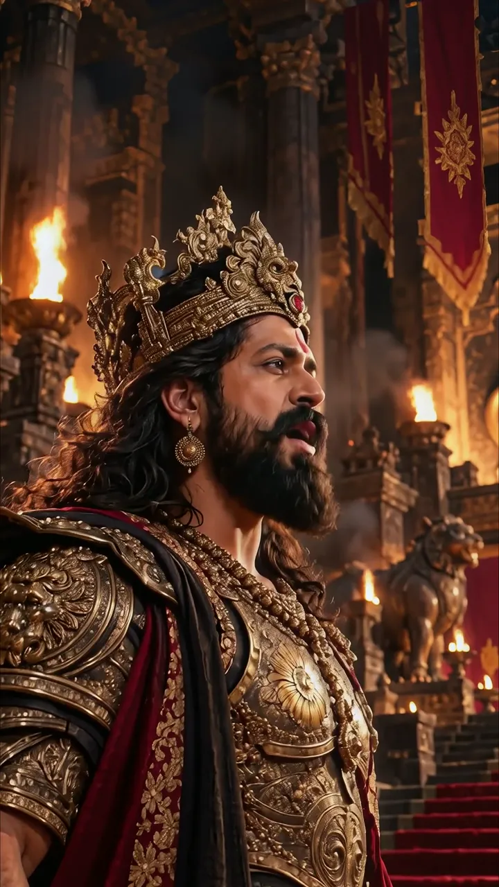 King Ravana Majestic Throne Hall With Golden Armor And Red Banner