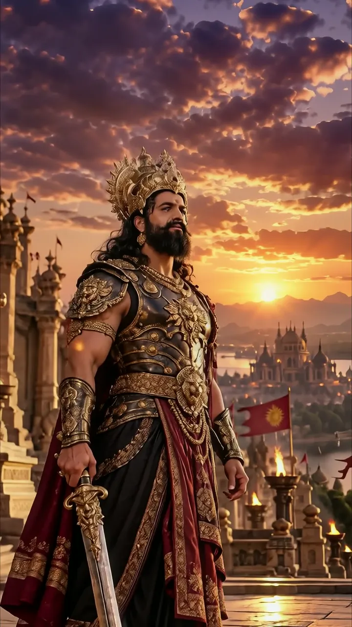 King Ravana Majestic Sunset Throne With Golden Armor And Red Cape