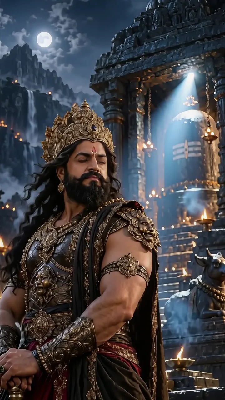 Shiva In Meditation With Blue Aura And Temple Scene