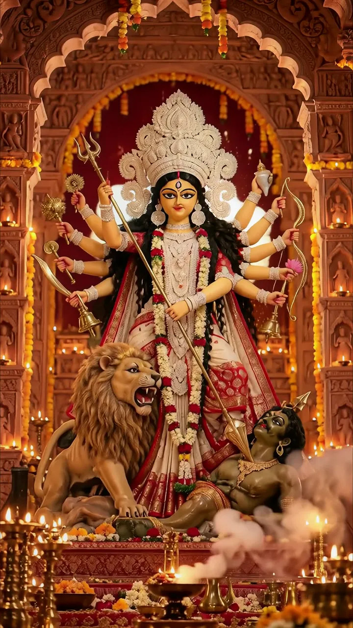 Durga Devi With Lion And Bow Amidst Festival Lights