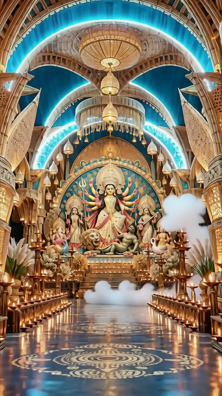 Durga Puja Temple Scene With Divine Blue Aura And Golden Altar