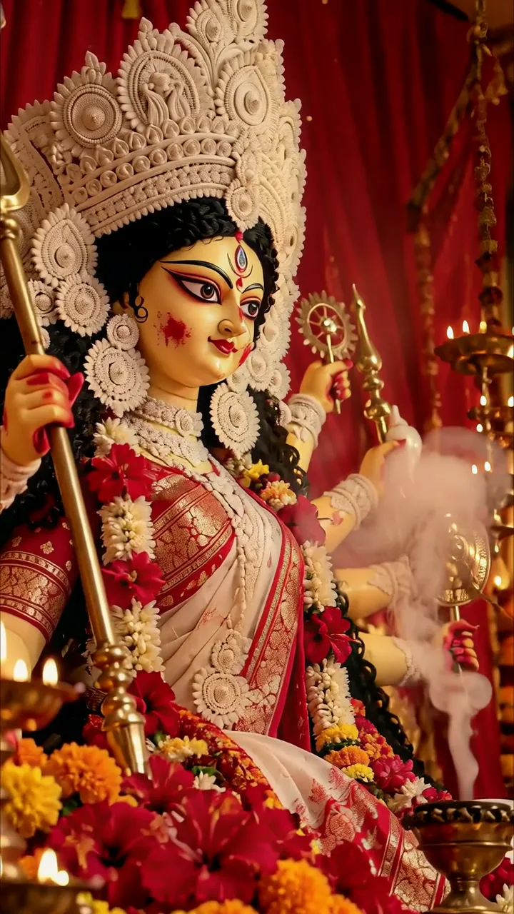 Durga Puja Festival Divine Goddess With Lotus And Fire