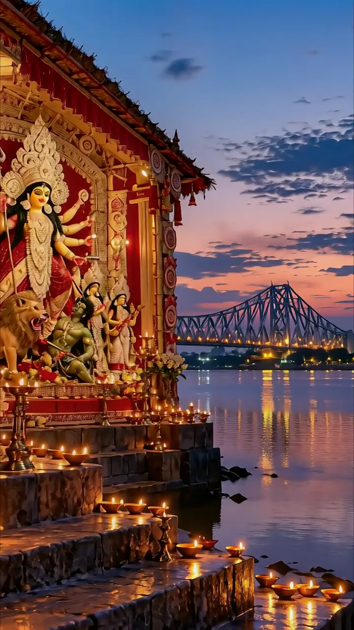 Durga Puja Festival Riverbank Scene With Kolkata Bridge And Diya Lights