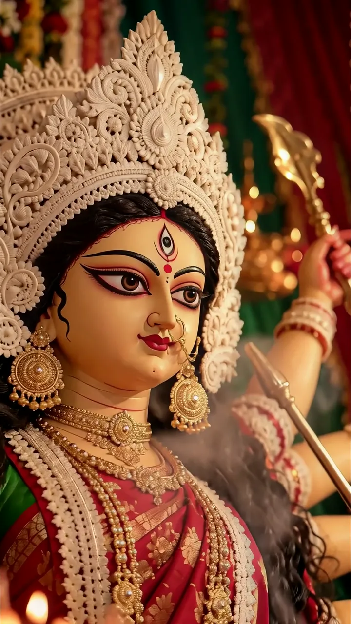 Durga Mata Divine Temple Scene With Golden Weapons And Red Saree