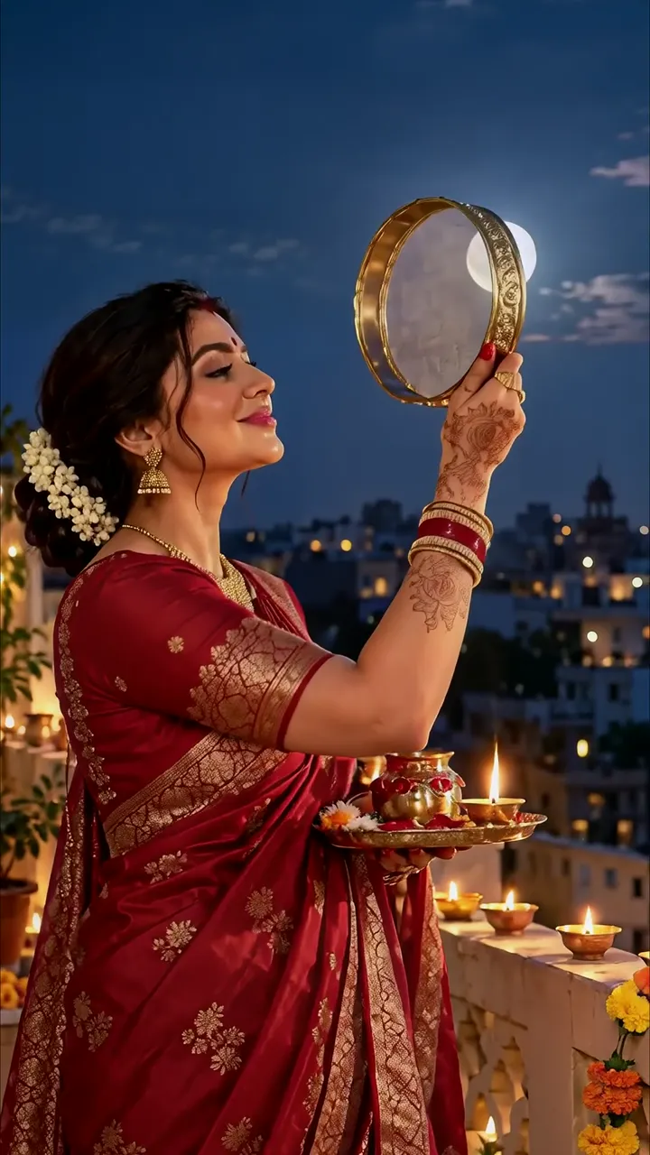 Diwali Festival Woman In Red Saree Holding Diya And Moon Mirror