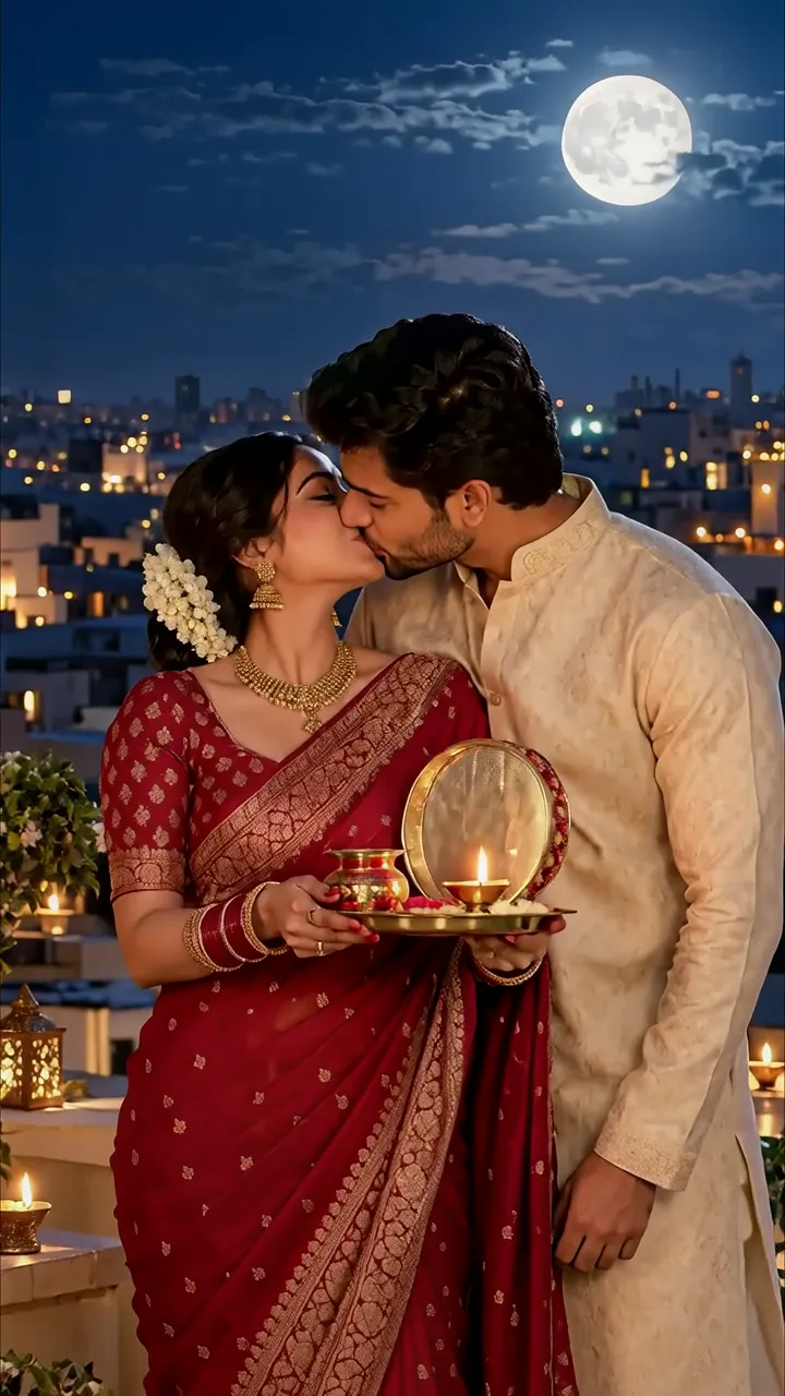 Couple Kissing Under Full Moon During Diwali Festival