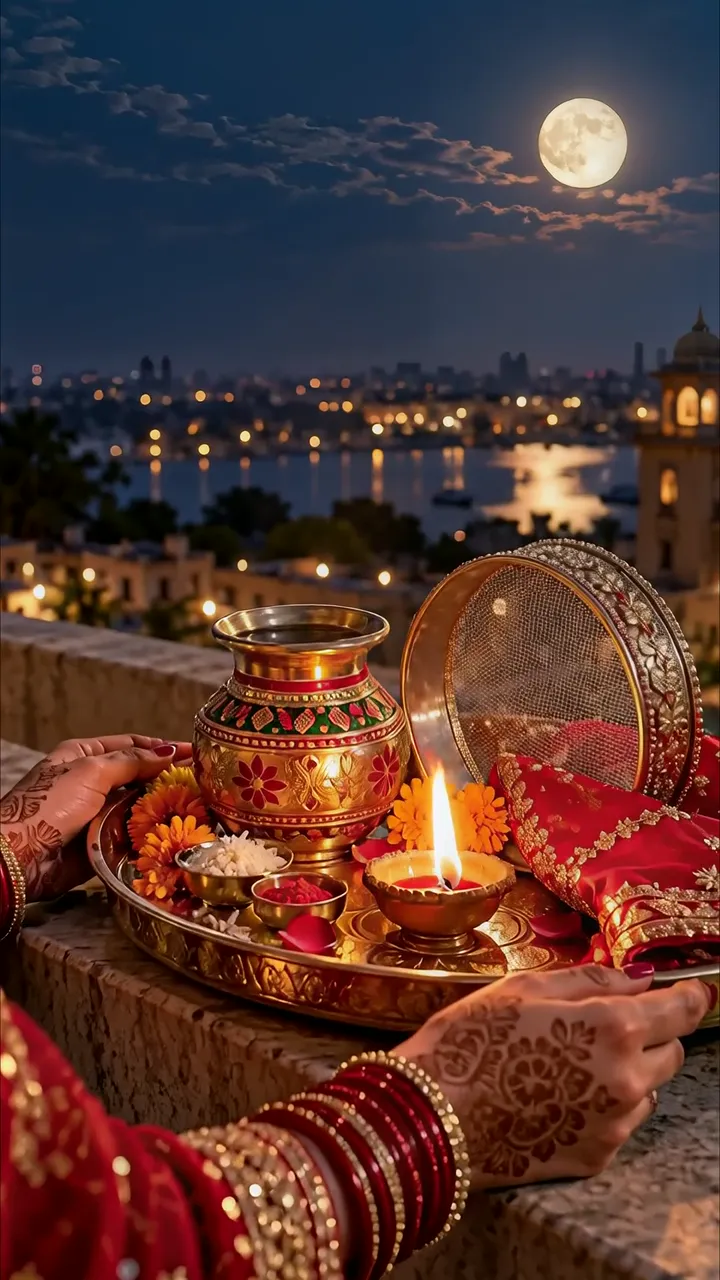 Diwali Festival Prayer With Diya And Moonlit City View