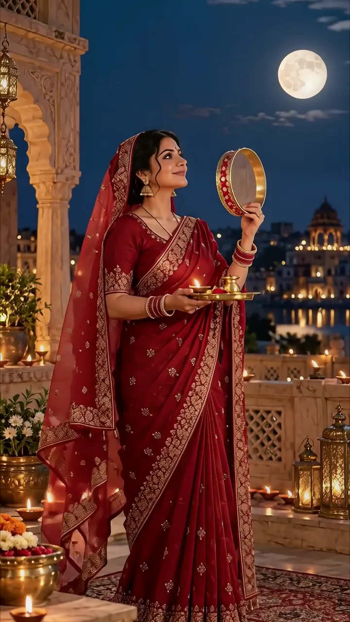 Woman In Red Saree Celebrating Diwali With Diya And Full Moon