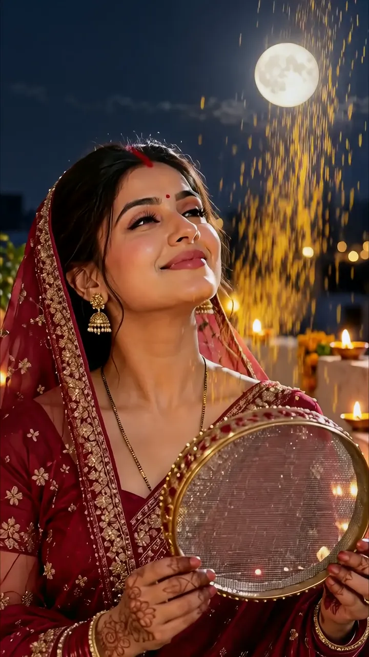 Woman In Red Saree Celebrating Diwali With Diya And Full Moon