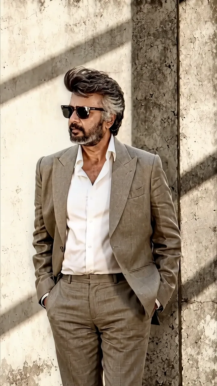 Rajinikanth Cool Street Style With Sunglasses And Beige Suit