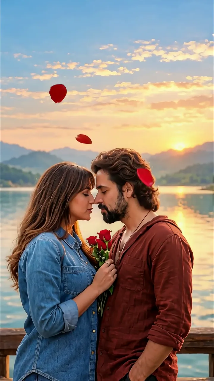 Couple Sharing Nose Kiss With Red Roses At Sunset Lake