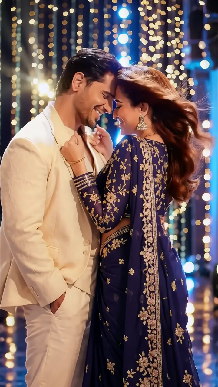 Couple Love Scene With Golden Lights And Sparkling Background