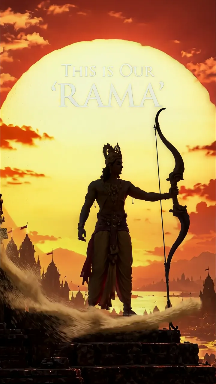 Silhouette Of Rama With Bow Standing On Waves At Sunset