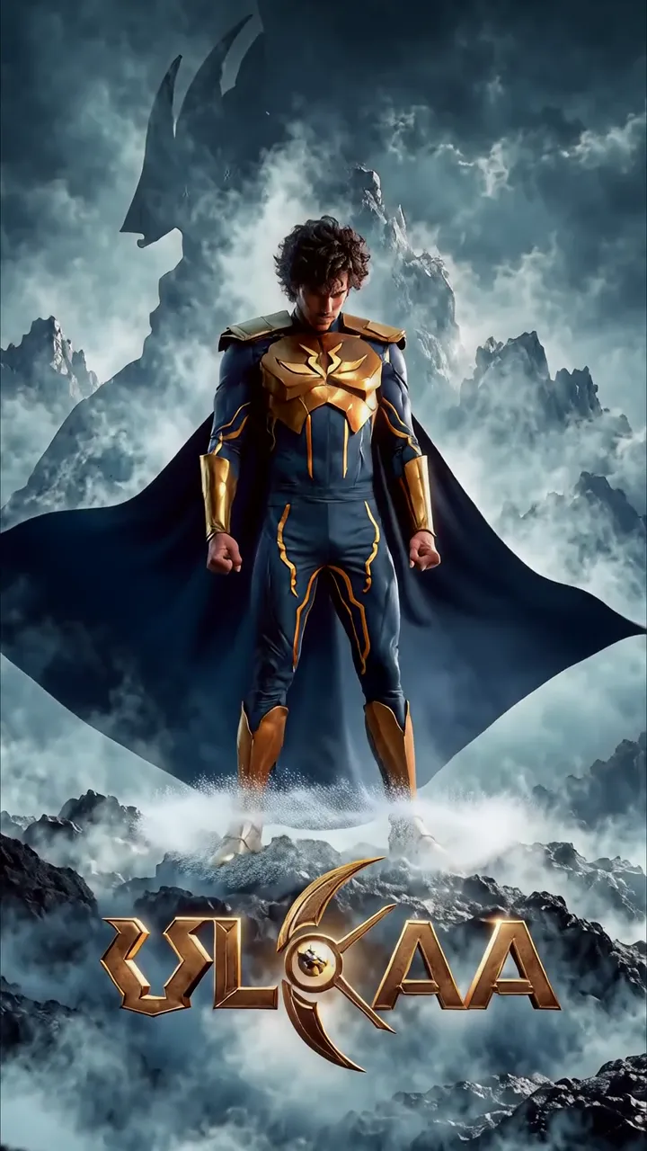 Vlokaa Superhero Standing On Mountain With Dark Dragon Silhouette