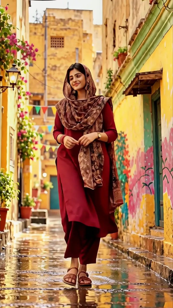 Beautiful Woman In Maroon Kurti Walking Through Colorful Rainy Street