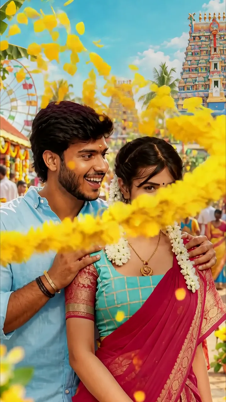 Romantic Couple With Yellow Flower Garland At Temple Festival
