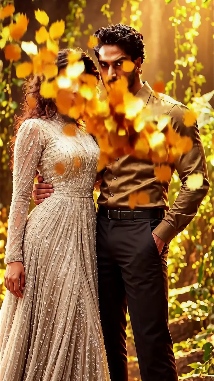 Romantic Couple In Golden Autumn Forest With Falling Leaves