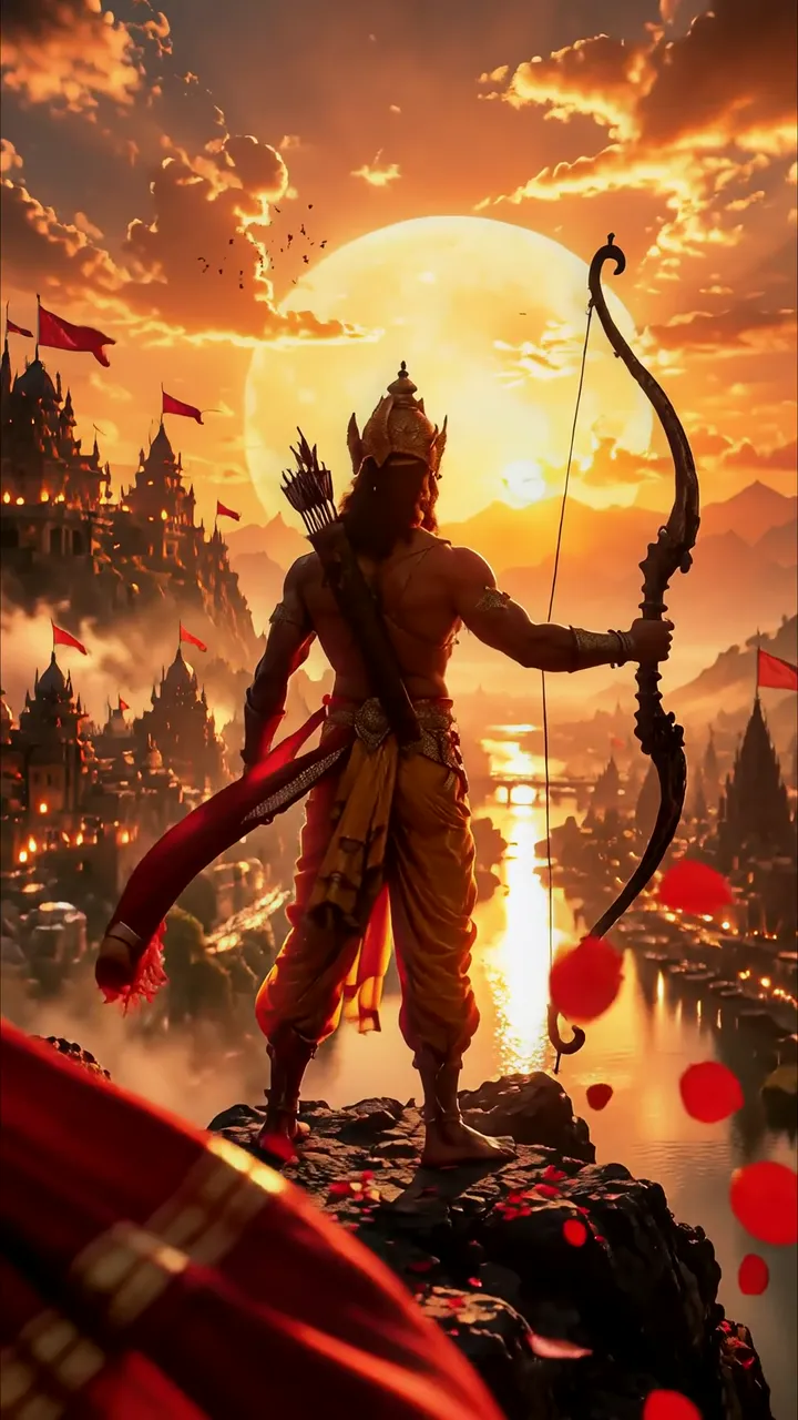 Hanuman Standing On Rock With Bow And Arrow Sunset