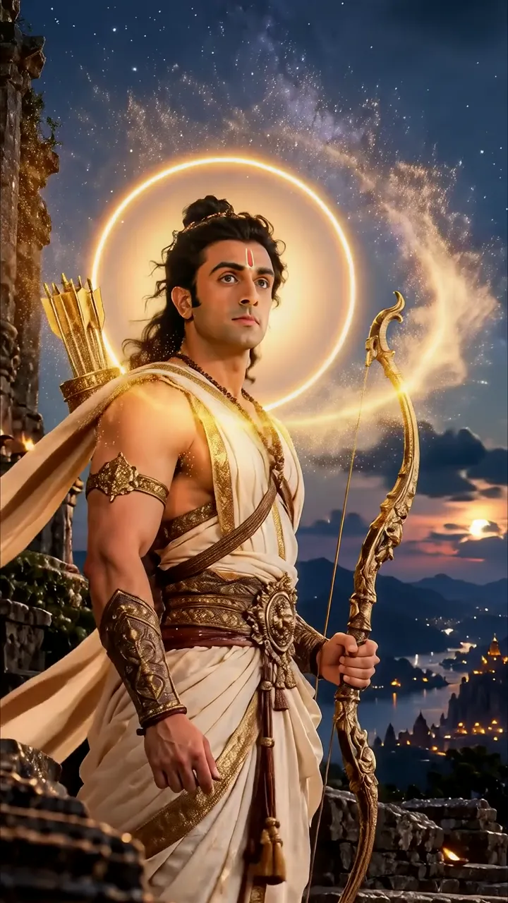 Shiva With Golden Bow And Cosmic Halo Standing On Mountain Peak