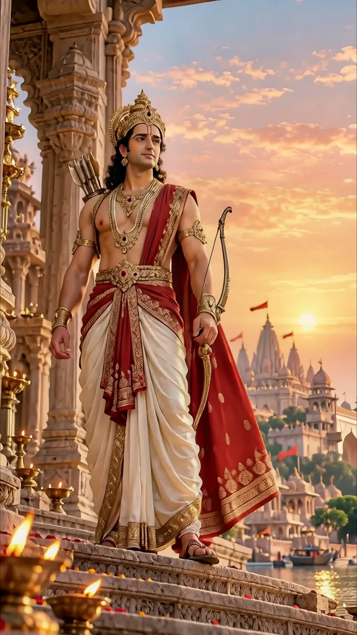 Rama With Bow And Arrow Standing On Temple Steps At Sunset