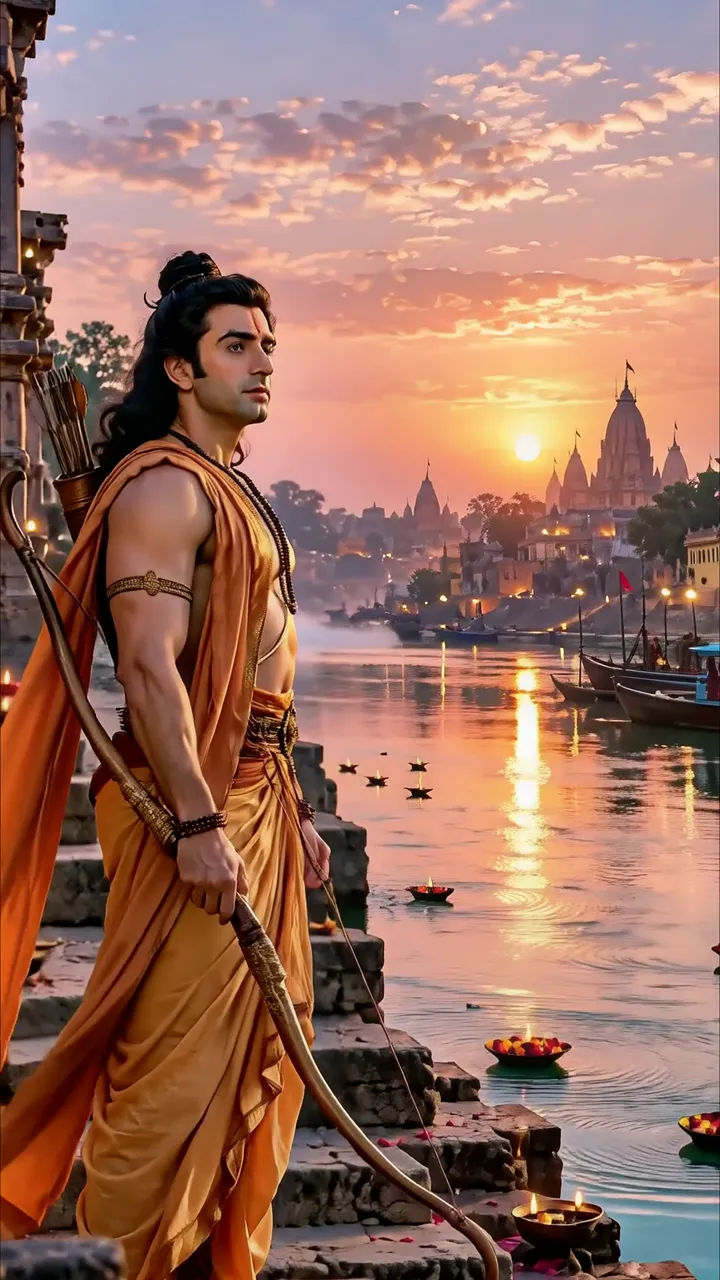 Shiva With Bow Standing On Riverbank At Sunset