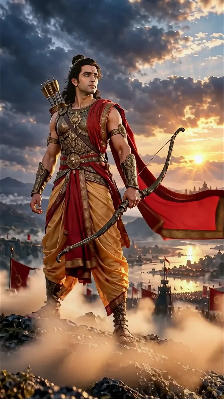 Rama With Bow And Arrow Standing On Mountain At Sunset