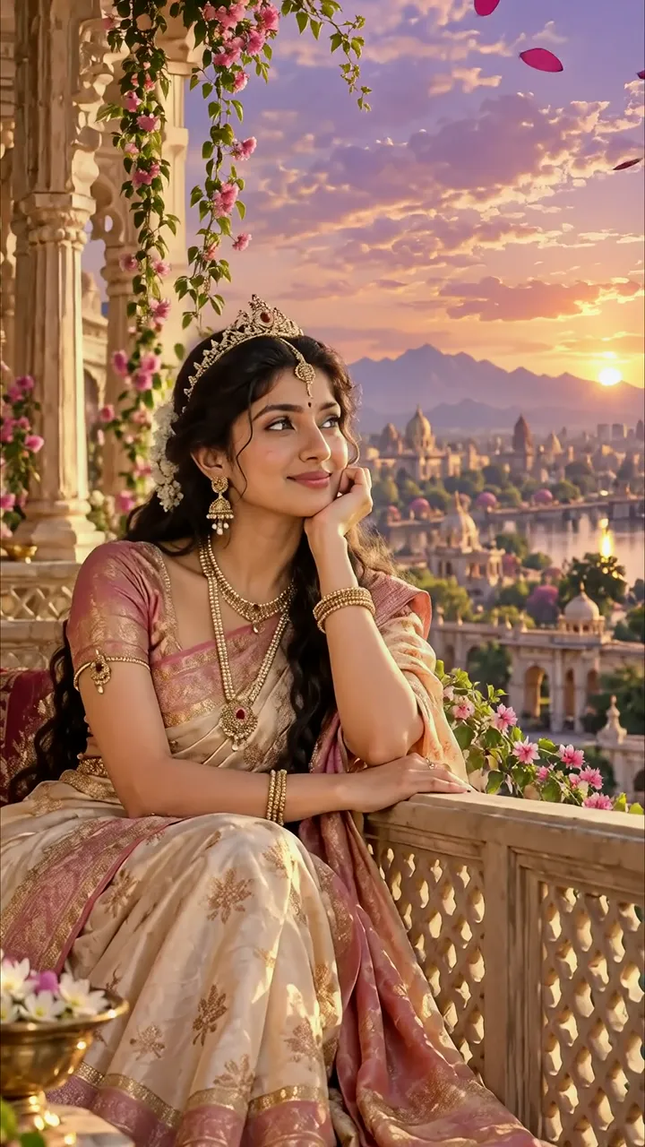 Elegant Indian Princess In Pink Saree On Ornate Balcony Sunset