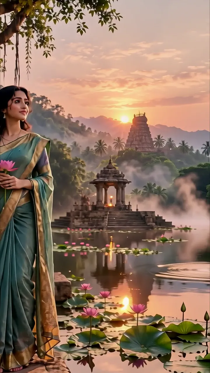 Serene Woman In Green Saree Holding Lotus Near Temple At Sunset