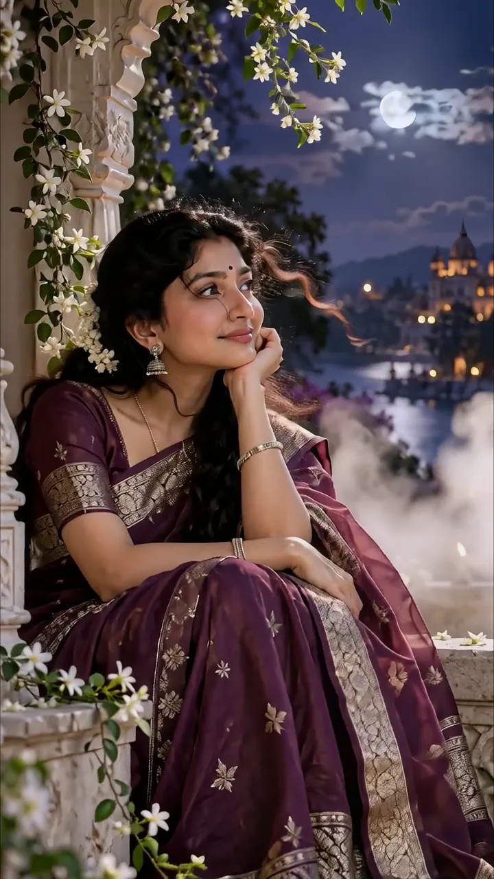 Woman In Purple Saree Moonlit Balcony Night Scene