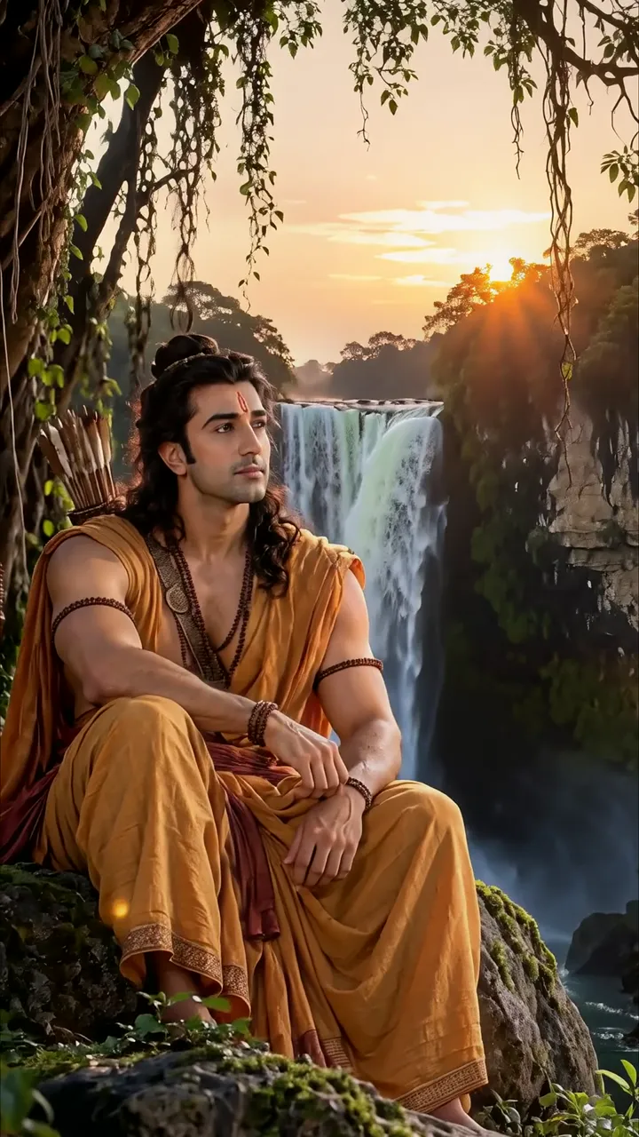 Shiva Meditating By Waterfall With Sunset Aura