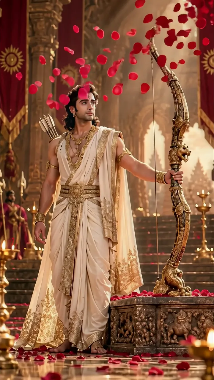 Arjuna Holding Divine Bow With Falling Rose Petals In Temple
