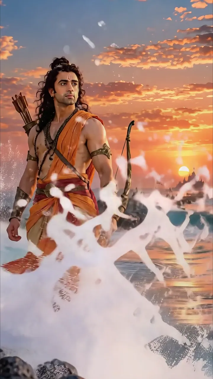 Shiva Standing On Waves With Bow And Arrows At Sunset