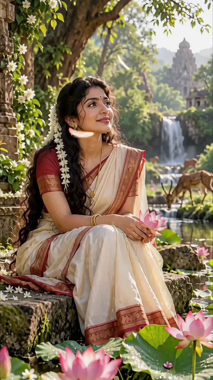 Serene Indian Goddess With Lotus And Deer In Temple Garden
