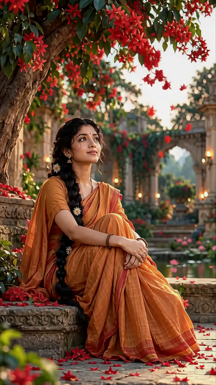 Graceful Woman In Orange Saree Under Red Flower Tree