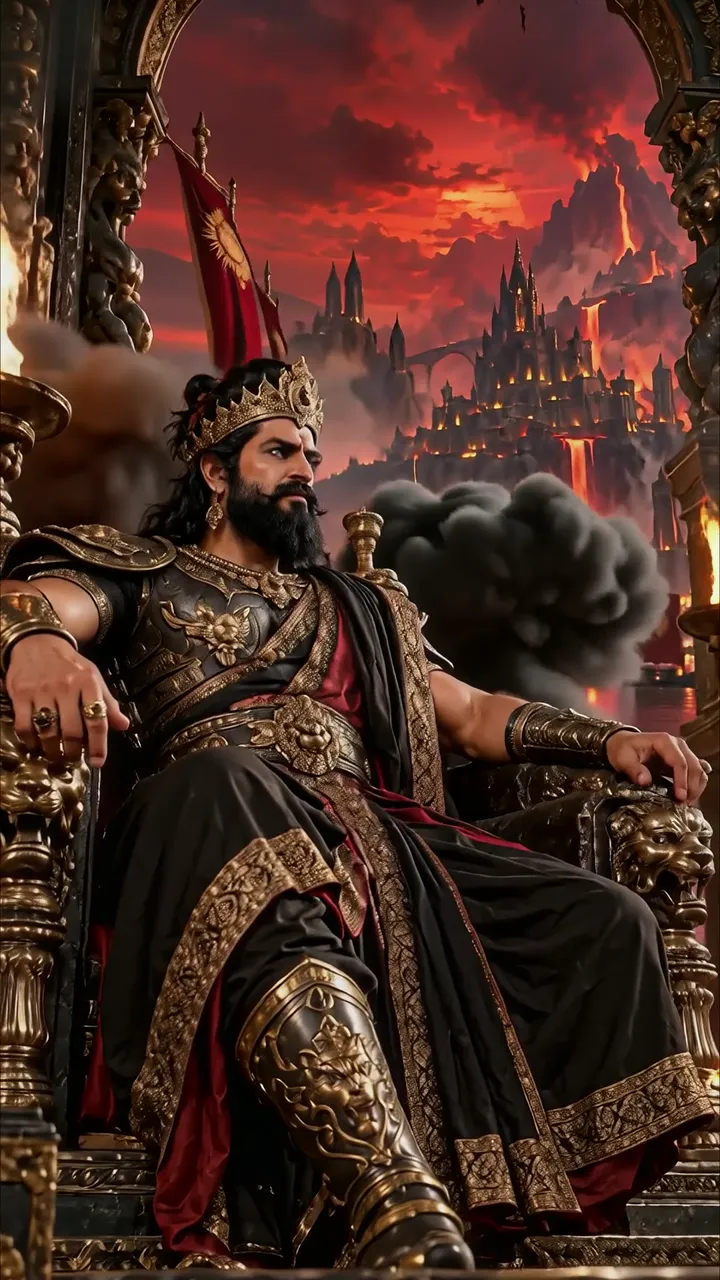 Dark Throne King With Red Flag And Volcanic Castle