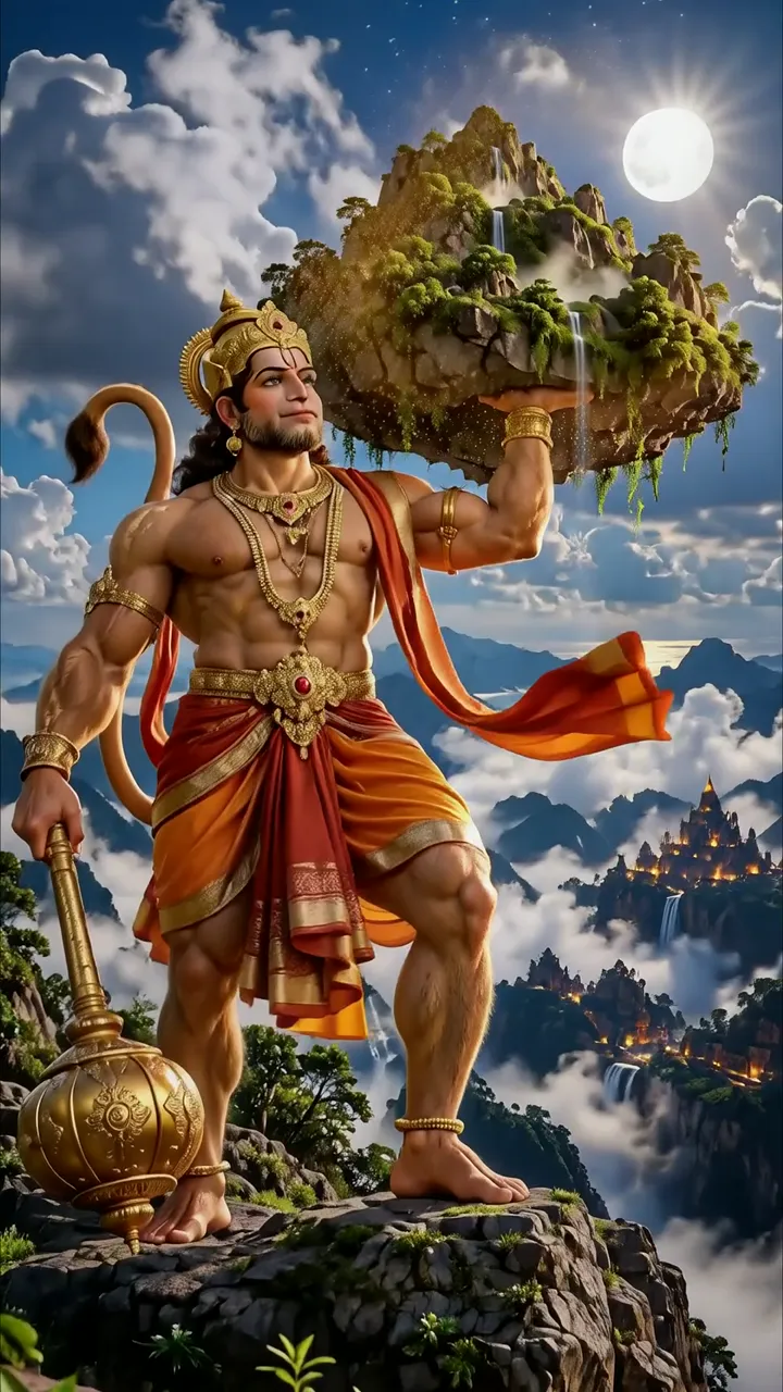 Hanuman Carrying Mount Sumeru With Golden Mace And Sacred Aura