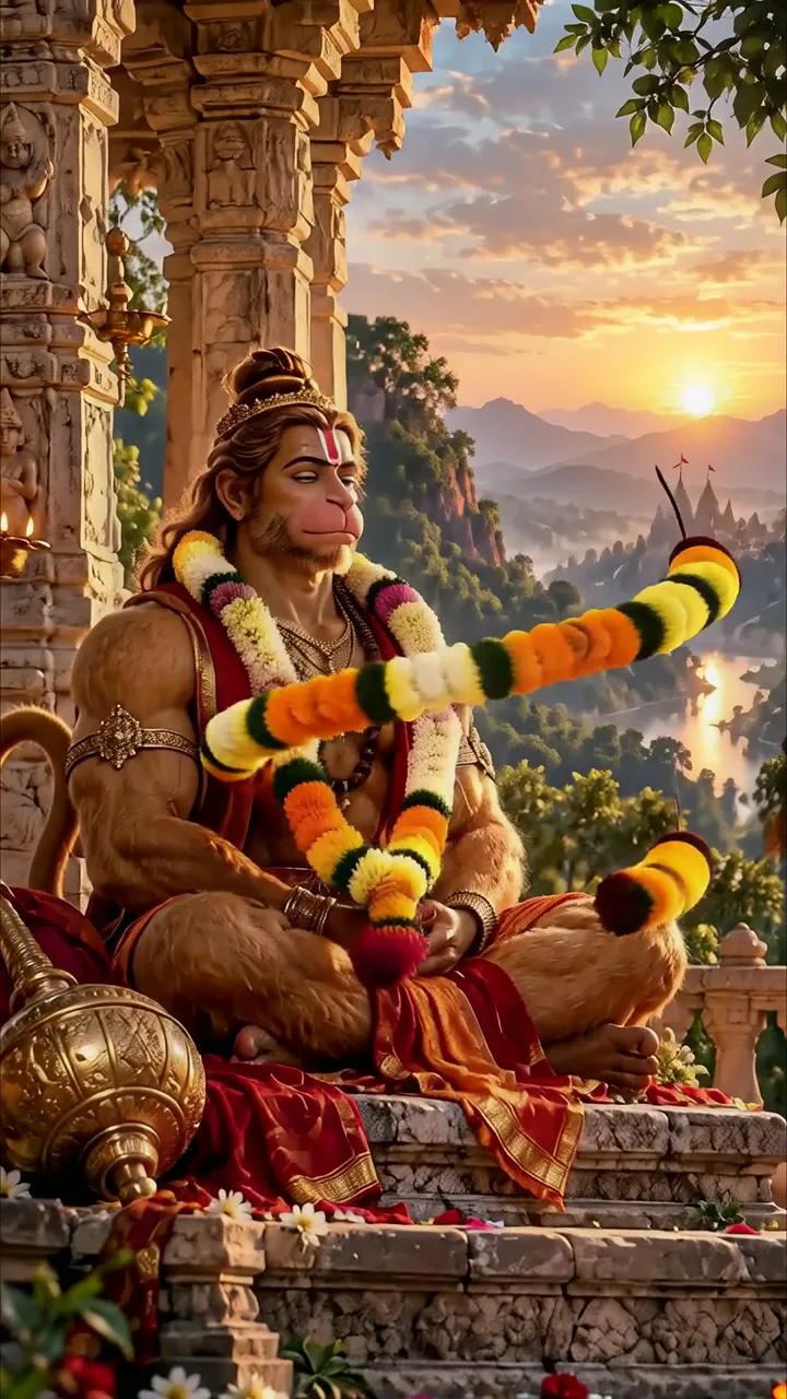 Hanuman Devotional Sunset Temple Scene With Garland