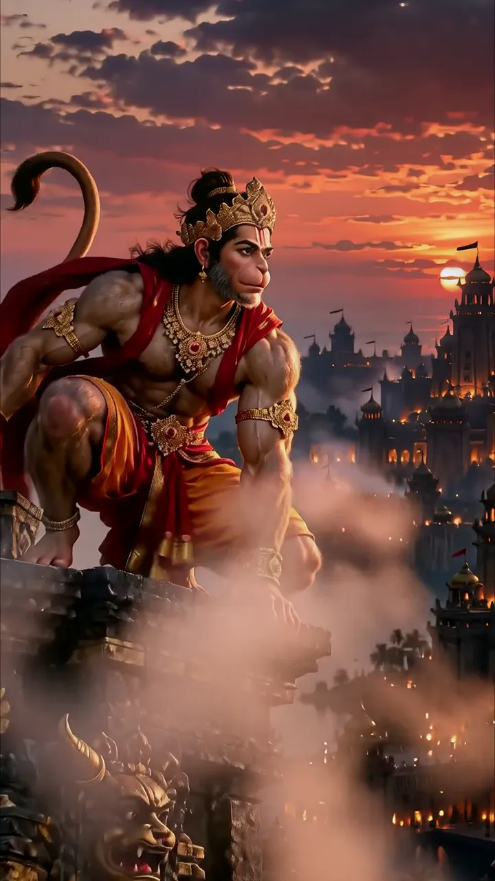 Hanuman Majestic Sunset Warrior With Red Cloak And Golden Crown