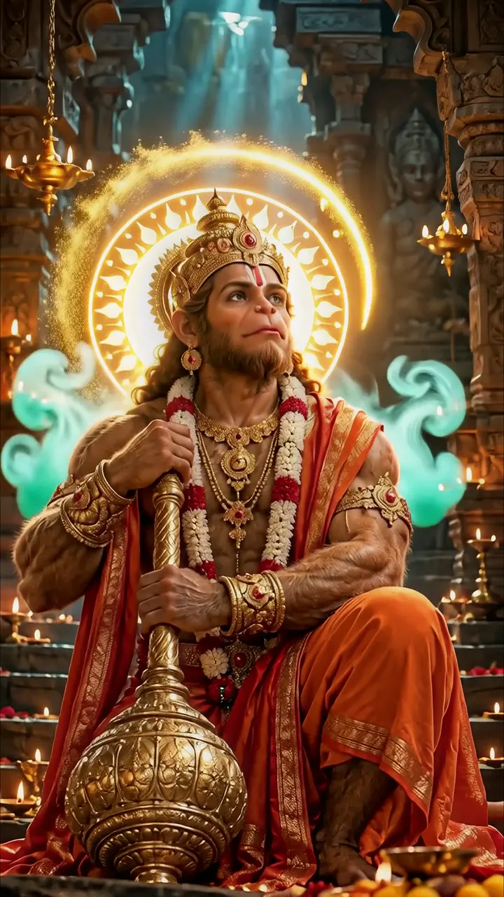 Hanuman Devotional Pose With Golden Halo And Sacred Gada