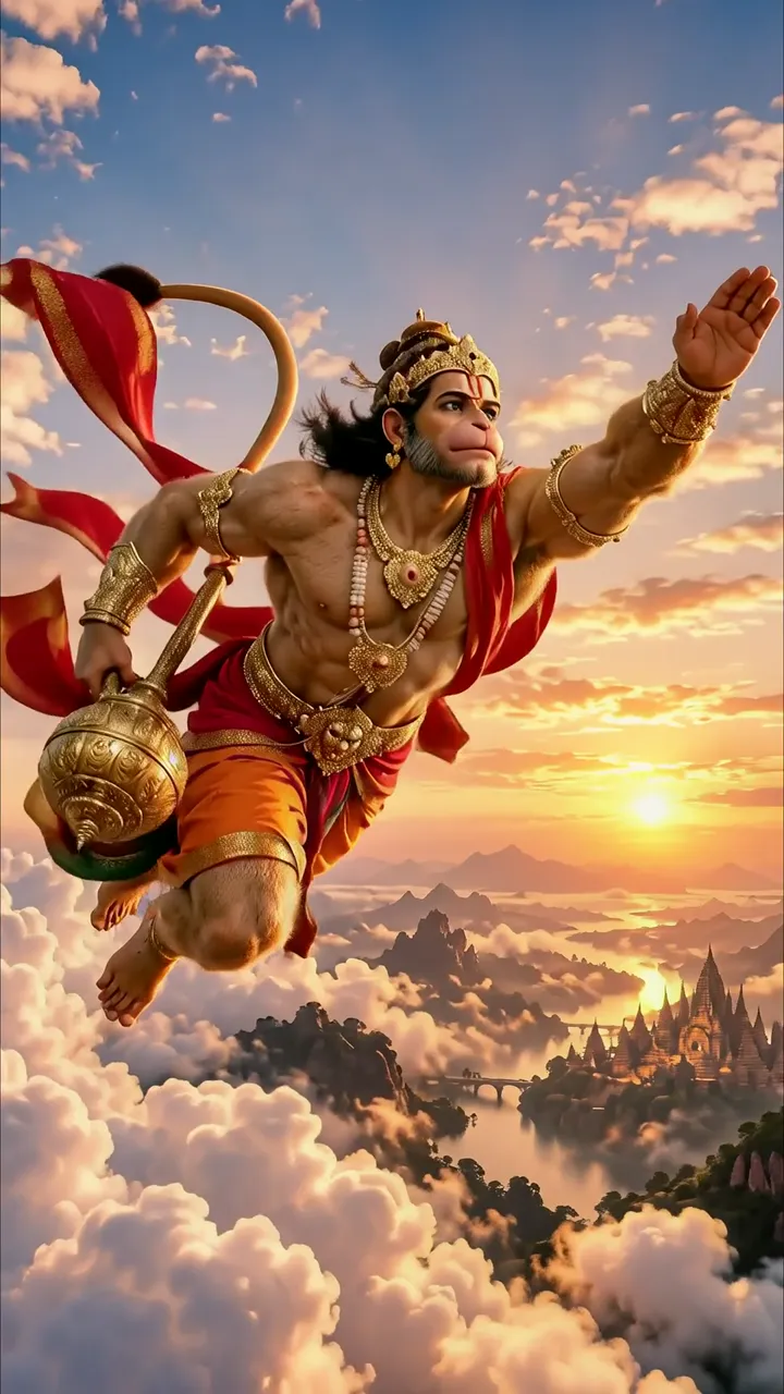 Flying Hanuman With Golden Staff And Red Sash Over Temple Landscape