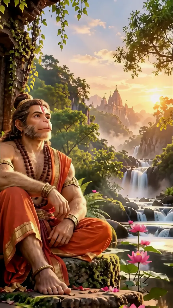 Hanuman Meditating By Lotus Pond With Temple And Waterfalls