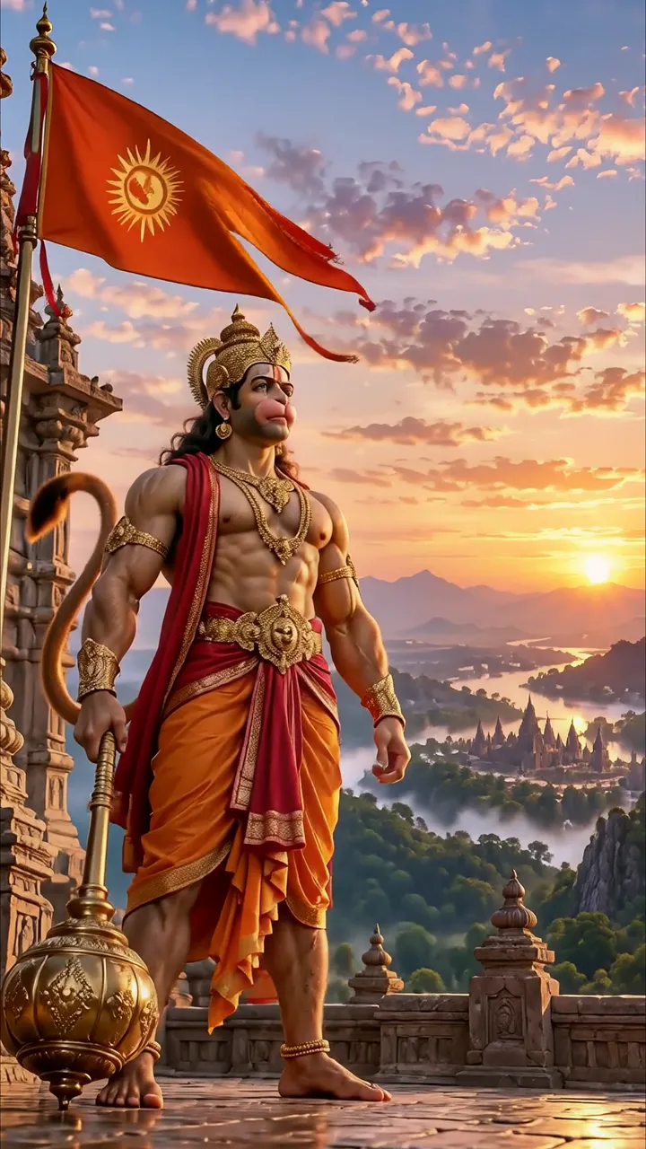 Hanuman Standing On Temple Terrace With Sun Flag At Sunrise